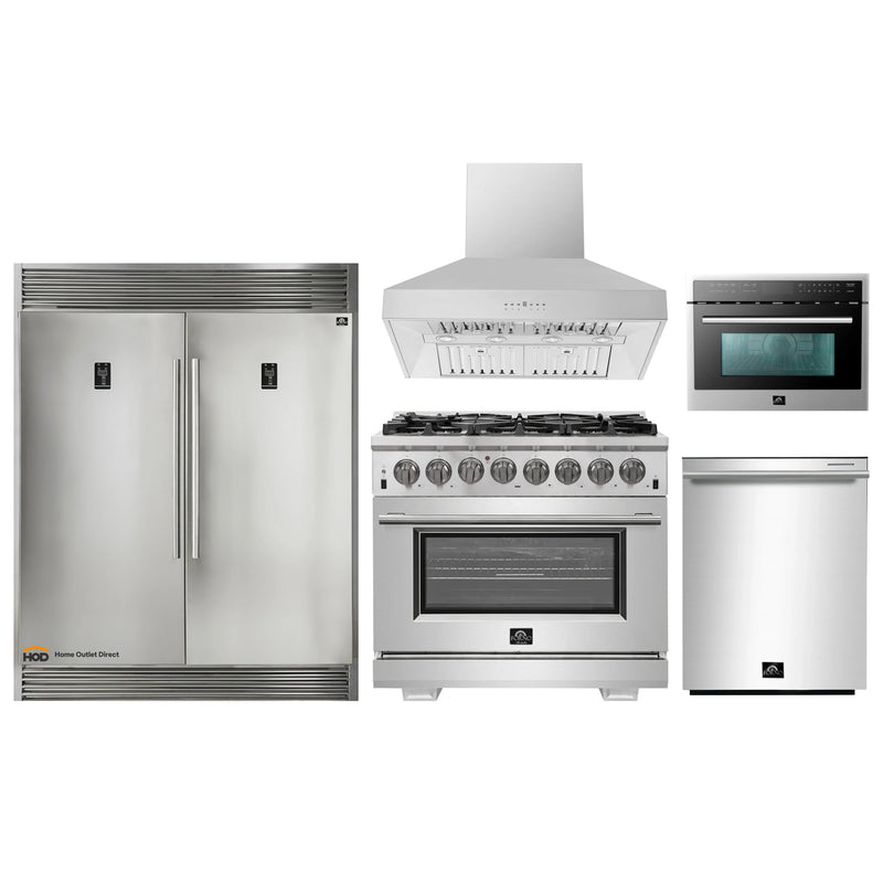 Forno 5-Piece Pro Appliance Package - 36" Dual Fuel Range, 56" Pro-Style Refrigerator, Wall Mount Hood, Microwave Oven, & 3-Rack Dishwasher in Stainless Steel