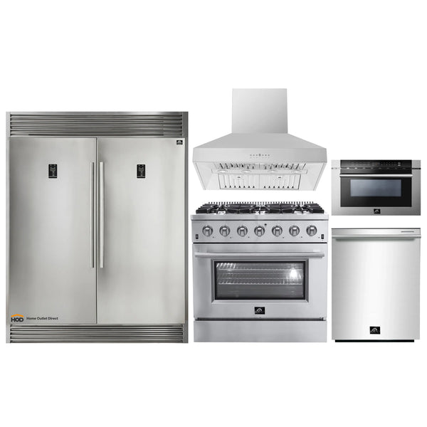 Forno 5-Piece Appliance Package - 36-Inch Gas Range, 60-Inch Pro-Style Refrigerator, Wall Mount Hood, 24-Inch Microwave Drawer, & 3-Rack Dishwasher in Stainless Steel