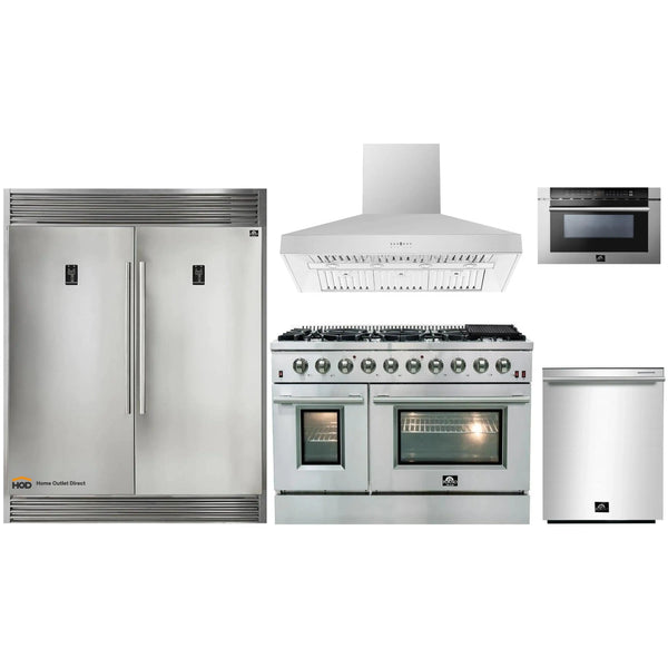 Forno 5-Piece Pro Appliance Package - 48-Inch Dual Fuel Range, 56-Inch Pro-Style Refrigerator, Wall Mount Hood, Microwave Drawer, & 3-Rack Dishwasher in Stainless Steel