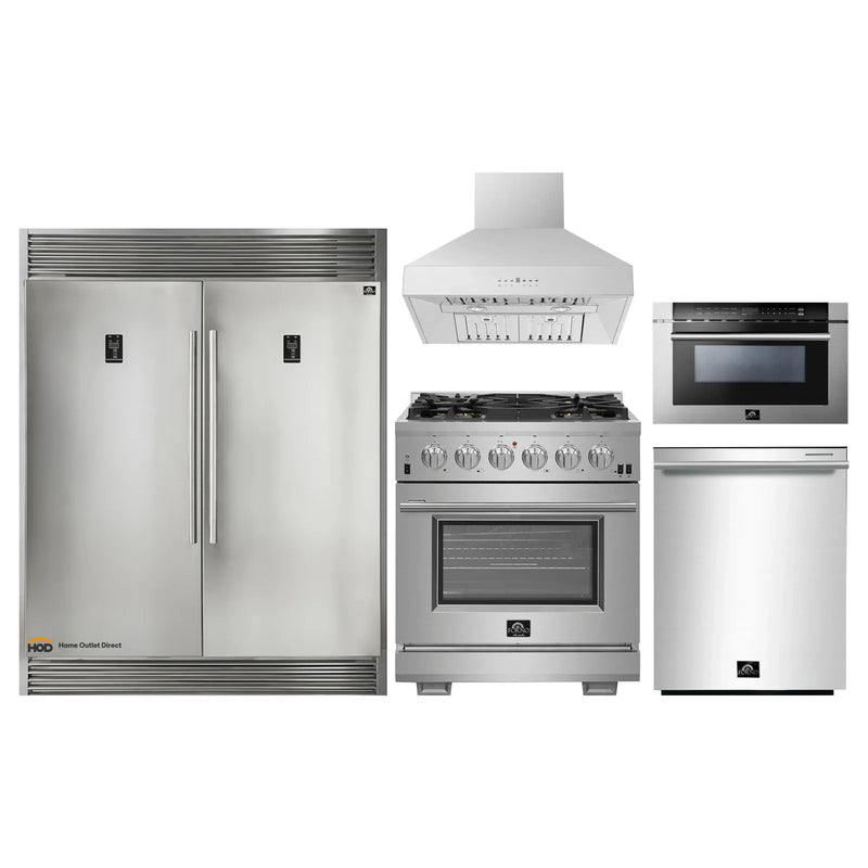 Forno 5-Piece Pro Appliance Package - 30" Gas Range, 56" Pro-Style Refrigerator, Wall Mount Hood, Microwave Drawer, & 3-Rack Dishwasher in Stainless Steel
