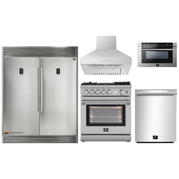 Forno 5-Piece Appliance Package - 30-Inch Gas Range with Air Fryer, 56-Inch Pro-Style Refrigerator, Wall Mount Hood, Microwave Drawer, & 3-Rack Dishwasher in Stainless Steel