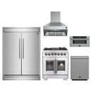 Forno 5-Piece Pro Appliance Package - 30-Inch Capriasca French Door Dual Fuel Range, 60-Inch Pro-Style Refrigerator, Wall Mount Hood, 30-Inch Microwave Drawer, & 3-Rack Dishwasher in Stainless Steel