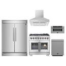 Forno 5-Piece Pro Appliance Package - 36-Inch Capriasca French Door Dual Fuel Range, 60-Inch Pro-Style Refrigerator, Wall Mount Hood, 30-Inch Microwave Drawer, & 3-Rack Dishwasher in Stainless Steel
