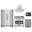 Forno 5-Piece Pro Appliance Package - 36-Inch Capriasca French Door Dual Fuel Range, 60-Inch Pro-Style Refrigerator, Wall Mount Hood, 24-Inch Microwave Drawer, & 3-Rack Dishwasher in Stainless Steel