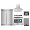 Forno 5-Piece Pro Appliance Package - 36-Inch Capriasca French Door Dual Fuel Range, 60-Inch Pro-Style Refrigerator, Wall Mount Hood, 24-Inch Microwave Oven, & 3-Rack Dishwasher in Stainless Steel