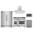Forno 5-Piece Appliance Package - 48-Inch Capriasca French Door Dual Fuel Range, 60-Inch Pro-Style Refrigerator, Wall Mount Hood, 30-Inch Microwave Drawer, & 3-Rack Dishwasher in Stainless Steel