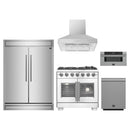 Forno 5-Piece Pro Appliance Package - 36-Inch Capriasca French Door Gas Range, 60-Inch Pro-Style Refrigerator, Wall Mount Hood, 30-Inch Microwave Drawer, & 3-Rack Dishwasher in Stainless Steel