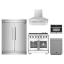 Forno 5-Piece Pro Appliance Package - 36-Inch Capriasca French Door Gas Range, 60-Inch Pro-Style Refrigerator, Wall Mount Hood, 24-Inch Microwave Oven, & 3-Rack Dishwasher in Stainless Steel