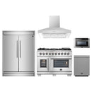 Forno 5-Piece Pro Appliance Package - 48-Inch Capriasca French Door Gas Range, 60-Inch Pro-Style Refrigerator, Wall Mount Hood, Microwave Drawer, & 3-Rack Dishwasher in Stainless Steel