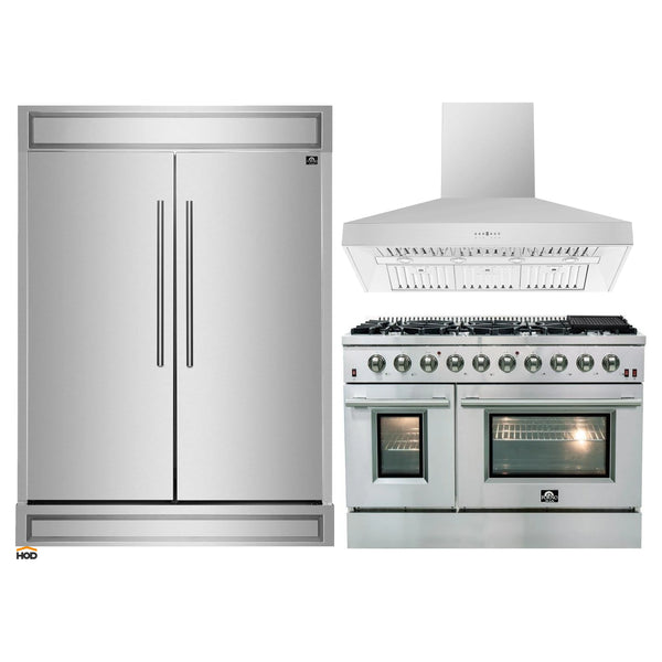 Forno 3-Piece Appliance Package - 48-Inch Orvieto Gas Range, Wall Mount Range Hood, & 60-Inch Refrigerator in Stainless Steel