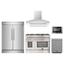 Forno 5-Piece Appliance Package - 48-Inch Dual Fuel Range, 60-Inch Refrigerator, Wall Mount Hood, 24-Inch Microwave Drawer, & Dishwasher in Stainless Steel