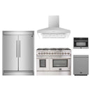 Forno 5-Piece Appliance Package - 48-Inch Dual Fuel Range, 60-Inch Refrigerator, Wall Mount Hood, 24-Inch Microwave Oven, & Dishwasher in Stainless Steel