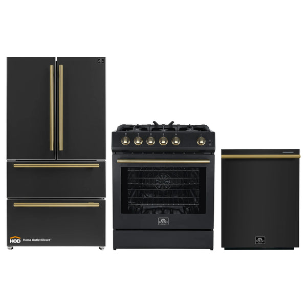 Forno 3-Piece Appliance Package - 30-Inch Gas Range, Refrigerator, and Dishwasher in Black with Antique Brass Trim