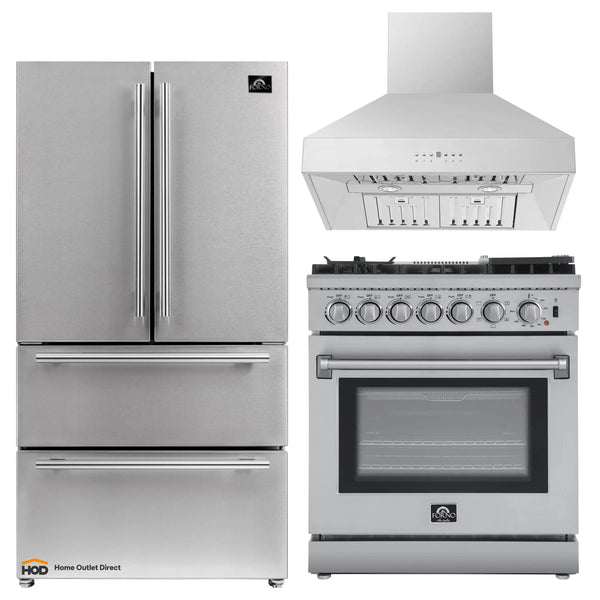 Forno 3-Piece Appliance Package - 30-Inch Dual Fuel Range with Air Fryer, 36-Inch Refrigerator & Wall Mount Hood in Stainless Steel