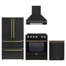 Forno 4-Piece Appliance Package - 30-Inch Espresso Induction Range , Wall Mount Range Hood, 36-Inch French Door Refrigerator, and Dishwasher in Black with Antique Brass Handle