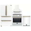 Forno 4-Piece Appliance Package - 30-Inch Espresso Induction Range , Wall Mount Range Hood, 36-Inch French Door Refrigerator, and Dishwasher in White with Antique Brass Handle