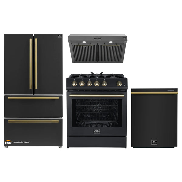 Forno 4-Piece Appliance Package - 30-Inch Gas Range, Under Cabinet Range Hood, Refrigerator, and Dishwasher in Black with Antique Brass Trim