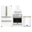 Forno 4-Piece Appliance Package - 30-Inch Espresso Gas Range , Wall Mount Range Hood, 36-Inch French Door Refrigerator, and Dishwasher in White with Antique Brass Handle