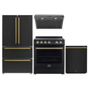 Forno Espresso 4-Piece Appliance Package - 30-Inch Electric Range, Under Cabinet Range Hood, Refrigerator and Dishwasher in Black with Antique Brass Trim