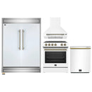 Forno 4-Piece Appliance Package - 30-Inch Espresso Electric Range , Wall Mount Range Hood, 60-Inch Built-In Convertible Refrigerator, and Dishwasher in White with Antique Brass Handle