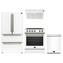 Forno Espresso 4-Piece Appliance Package - 30-Inch Electric Range, Under Cabinet Range Hood, Refrigerator and Dishwasher in White with Antique Brass Trim