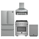 Forno 4-Piece Pro Appliance Package - 30-Inch Gas Range, 36-Inch Refrigerator Wall Mount Hood, & 3-Rack Dishwasher in Stainless Steel