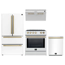 Forno 4-Piece Appliance Package - 30-Inch Induction Range, Under Cabinet Range Hood, French Door Refrigerator, and Dishwasher in White with Antique Brass Trim