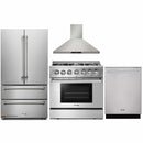 Thor Kitchen 4-Piece Pro Appliance Package - 36-Inch Dual Fuel Range with Liquid Propane Cooktop, French Door Refrigerator, Wall Mount Hood and Dishwasher in Stainless Steel