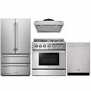 Thor Kitchen 4-Piece Pro Appliance Package - 36-Inch Dual Fuel Range with Liquid Propane Cooktop, French Door Refrigerator, Under Cabinet Hood and Dishwasher in Stainless Steel