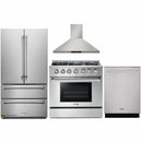 Thor Kitchen 4-Piece Pro Appliance Package - 36-Inch Gas Range with Liquid Propane Kit, French Door Refrigerator, Wall Mount Hood and Dishwasher in Stainless Steel