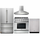 Thor Kitchen 4-Piece Pro Appliance Package - 36-Inch Gas Range with Liquid Propane Kit, French Door Refrigerator, Pro-Style Wall Mount Hood and Dishwasher in Stainless Steel