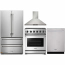 Thor Kitchen 4-Piece Appliance Package - 30-Inch Gas Range with Liquid Propane Kit, French Door Refrigerator, Wall Mount Hood, and Dishwasher in Stainless Steel
