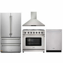Thor Kitchen 4-Piece Appliance Package - 36-Inch Gas Range with Liquid Propane Kit, French Door Refrigerator, Wall Mount Hood, and Dishwasher in Stainless Steel