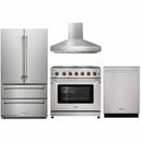 Thor Kitchen 4-Piece Appliance Package - 36-Inch Gas Range with Liquid Propane Kit, French Door Refrigerator, Pro-Style Wall Mount Hood, and Dishwasher in Stainless Steel