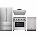 Thor Kitchen 4-Piece Appliance Package - 36-Inch Gas Range with Liquid Propane Kit, French Door Refrigerator, Under Cabinet Hood and Dishwasher in Stainless Steel