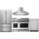Thor Kitchen 4-Piece Appliance Package - 48-Inch Gas Range with Liquid Propane Kit, Pro Wall Mount Hood, French Door Refrigerator, and Dishwasher in Stainless Steel