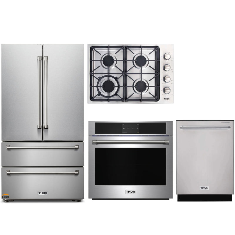 Thor Kitchen 4-Piece Pro Appliance Package - 30" Cooktop, Wall Oven, Dishwasher & Refrigerator in Stainless Steel