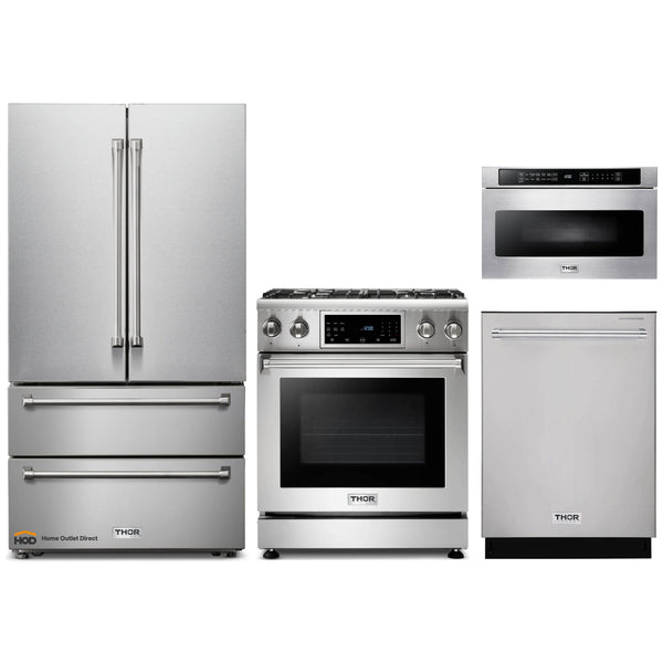 Thor Kitchen 4-Piece Appliance Package - 30-Inch Gas Range with Liquid Propane Kit, Tilt Panel, French Door Refrigerator, Dishwasher, and Microwave Drawer in Stainless Steel