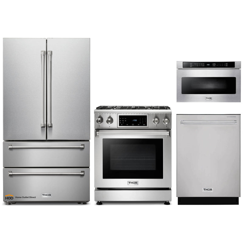 Thor Kitchen 4-Piece Appliance Package - 30-Inch Gas Range with Liquid Propane Kit, Tilt Panel, French Door Refrigerator, Dishwasher, and Microwave Drawer in Stainless Steel