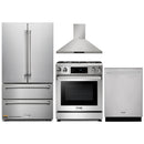 Thor Kitchen 4-Piece Appliance Package - 30-Inch Gas Range with Liquid Propane Kit, Tilt Panel, French Door Refrigerator, Wall Mount Hood, and Dishwasher in Stainless Steel