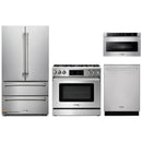 Thor Kitchen 4-Piece Appliance Package - 36-Inch Gas Range with Liquid Propane Kit, Tilt Panel, French Door Refrigerator, Dishwasher, and Microwave Drawer in Stainless Steel