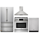 Thor Kitchen 4-Piece Appliance Package - 36-Inch Gas Range with Liquid Propane Kit, Tilt Panel, French Door Refrigerator, Wall Mount Hood, and Dishwasher in Stainless Steel
