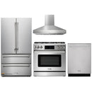 Thor Kitchen 4-Piece Appliance Package - 36-Inch Gas Range with Liquid Propane Kit, Tilt Panel, French Door Refrigerator, Pro-Style Wall Mount Hood, and Dishwasher in Stainless Steel