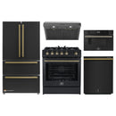 Forno 5-Piece Appliance Package - 30-Inch Gas Range, Under Cabinet Range Hood, Refrigerator, Dishwasher, and 30-Inch Microwave Drawer in Black with Antique Brass Trim