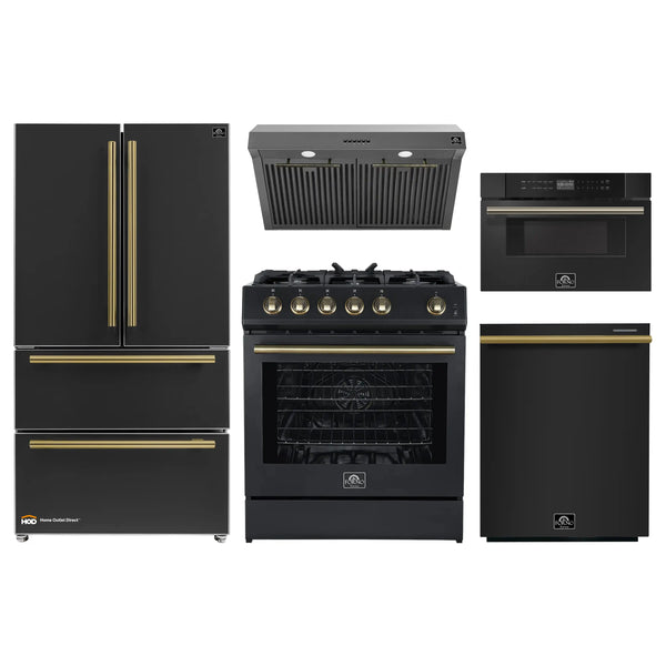 Forno 5-Piece Appliance Package - 30-Inch Gas Range, Under Cabinet Range Hood, Refrigerator, Dishwasher, and 30-Inch Microwave Drawer in Black with Antique Brass Trim