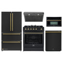 Forno 5-Piece Appliance Package - 30-Inch Gas Range, Under Cabinet Range Hood, Refrigerator, Dishwasher, and  30-Inch Microwave Oven in Black with Antique Brass Trim