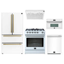 Forno 5-Piece Appliance Package - 30-Inch Gas Range, Under Cabinet Range Hood, Refrigerator, Dishwasher, and 30-Inch Microwave Oven in White with Antique Brass Trim