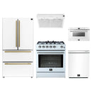Forno 5-Piece Appliance Package - 30-Inch Gas Range, Under Cabinet Range Hood,  French Door Refrigerator, Dishwasher, and  Microwave Drawer in White with Antique Brass Trim