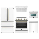 Forno 5-Piece Appliance Package - 30-Inch Electric Range, Under Cabinet Range Hood, Refrigerator, Dishwasher, and 24-Inch Microwave Oven in White with Antique Brass Trim