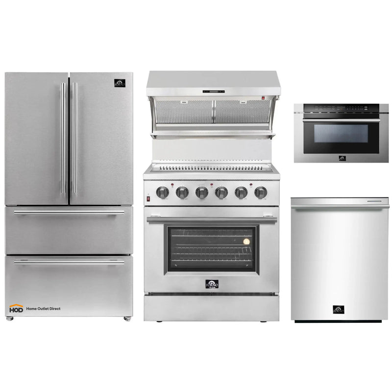 Forno 5-Piece Appliance Package - 30-Inch Electric Range, Wall Mount Range Hood with Backsplash, French Door Refrigerator, Dishwasher, and 24-Inch Microwave Drawer in Stainless Steel